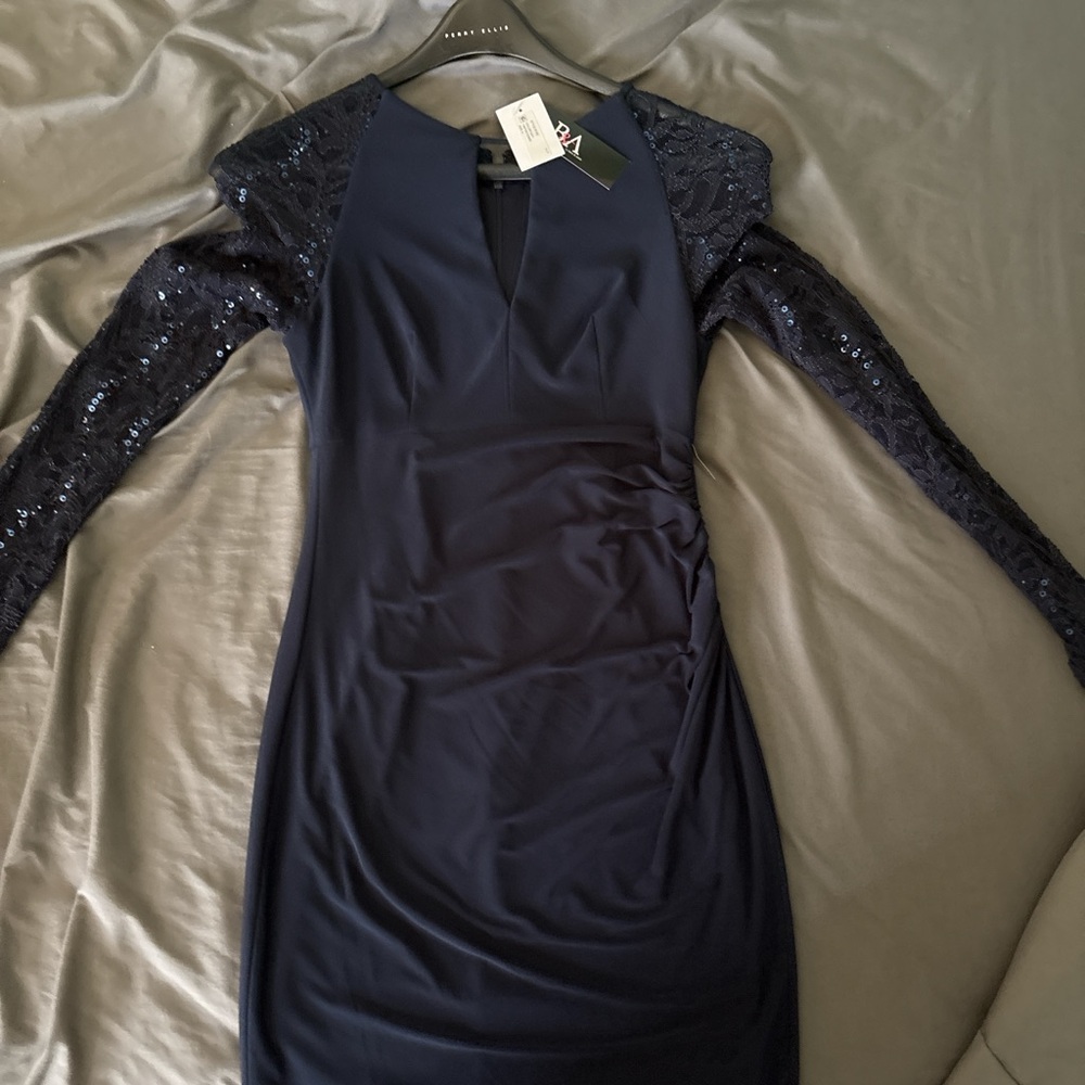 Karen Millen Navy Dress with Sequin Long Sleeves